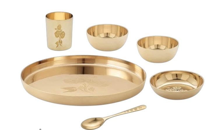 Luxurious Rhodon MI Popular Bronze Kansa Dinner Thali Set of 6 in Rose Laser Etching Design