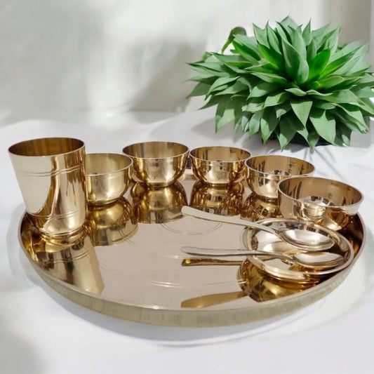 Luxurious POFFY MI 100% Pure Bronze Kansa Dinner Thali Set of 10 & 15 Inch