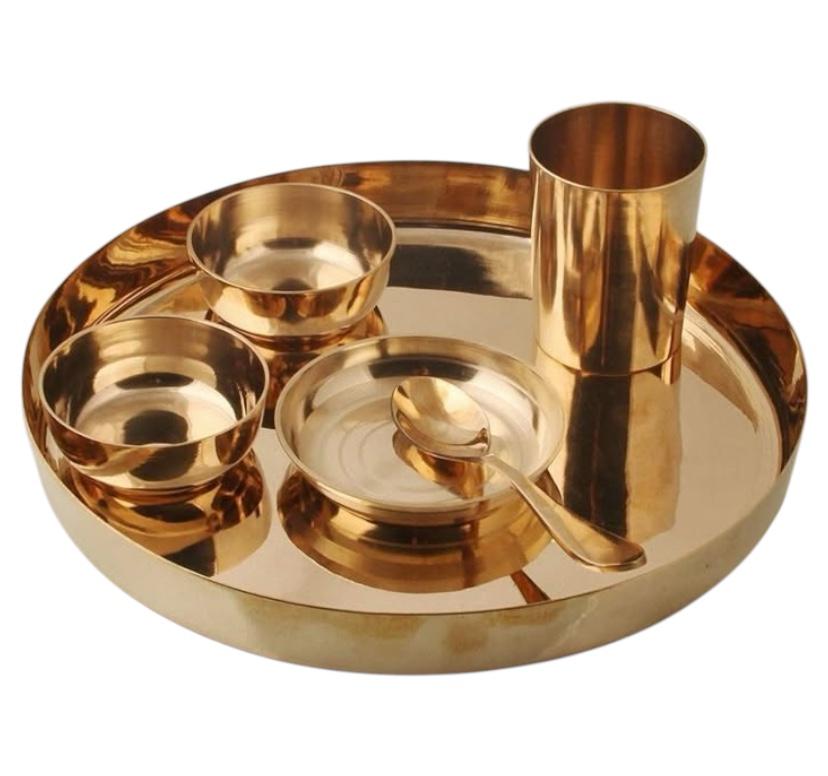 ULTRA MI Popular Bronze Kansa Dinner Thali Set of 6 Silver Touch