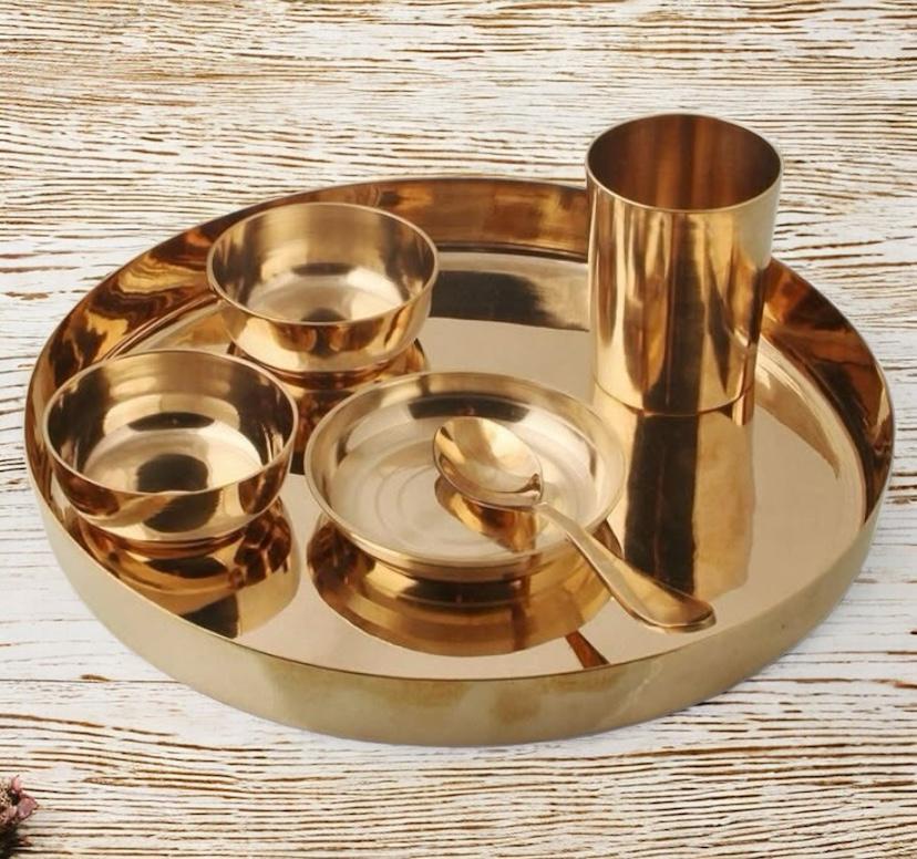 ULTRA MI100% Pure Bronze Kansa Dinner Thali Set of 6 Silver Touch