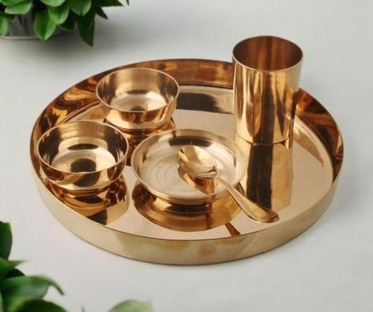 Luxurious ULTRA MI100% Pure Bronze Kansa Dinner Thali Set of 6 Silver Touch