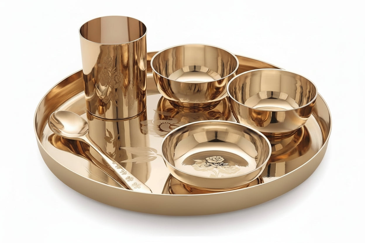 Rhodon MI 100% Pure Bronze Kansa Dinner Thali Set of 6 in Rose Laser Etching Design