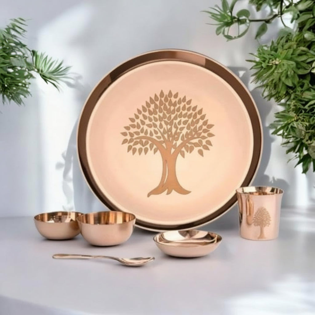 SHAJARA MI Bronze Kansa Dinner Thali Set of 6 With Tree laser design