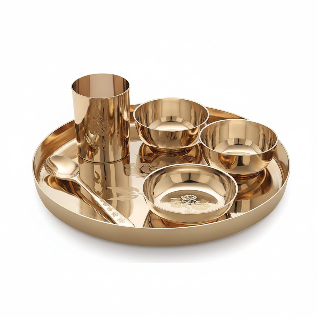 Rhodon MI Bronze Kansa Dinner Thali Set of 6 in Rose Laser Etching Design