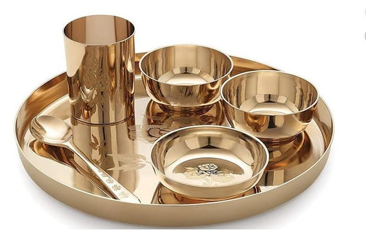 Luxurious Rhodon MI Popular Bronze Kansa Dinner Thali Set of 6 in Rose Laser Etching Design