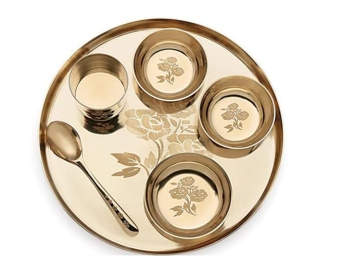 Luxurious Rhodon MI 100% Pure Bronze Kansa Dinner Thali Set of 6 in Rose Laser Etching Design