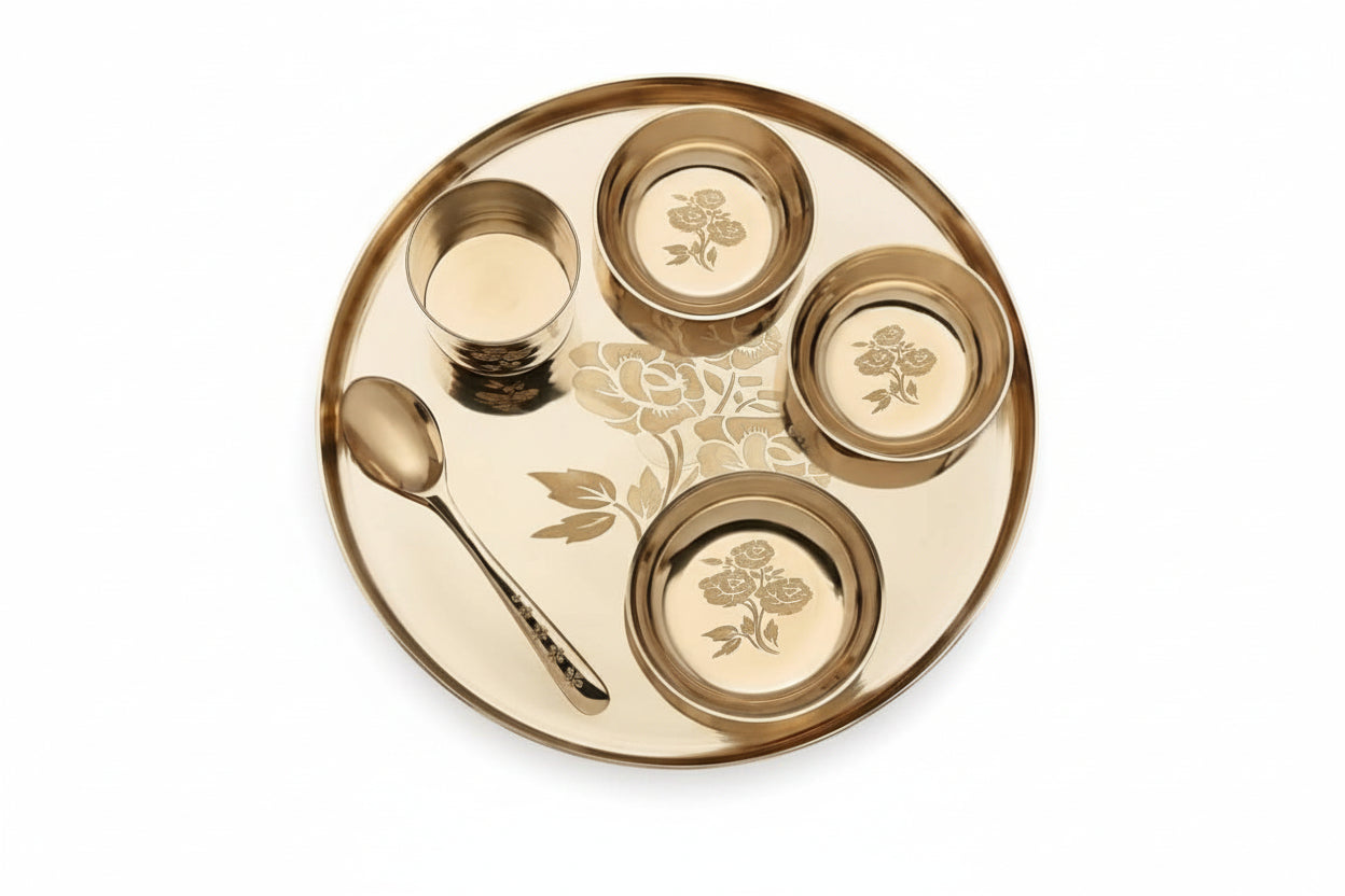 Rhodon MI 100% Pure Bronze Kansa Dinner Thali Set of 6 in Rose Laser Etching Design