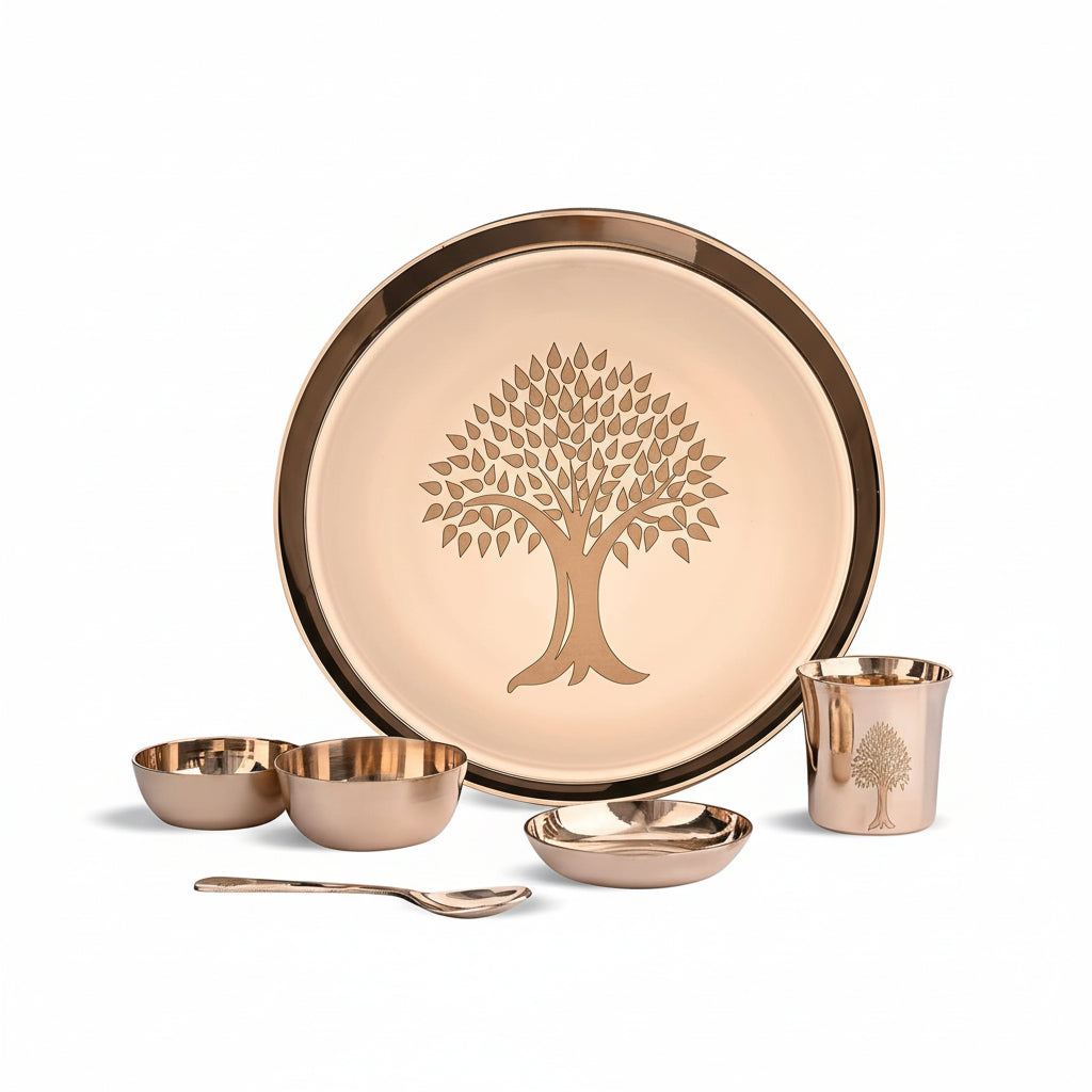 SHAJARA MI Bronze Kansa Dinner Thali Set of 6 With Tree laser design