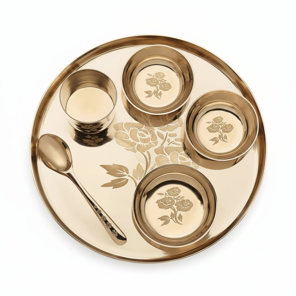Rhodon MI Bronze Kansa Dinner Thali Set of 6 in Rose Laser Etching Design