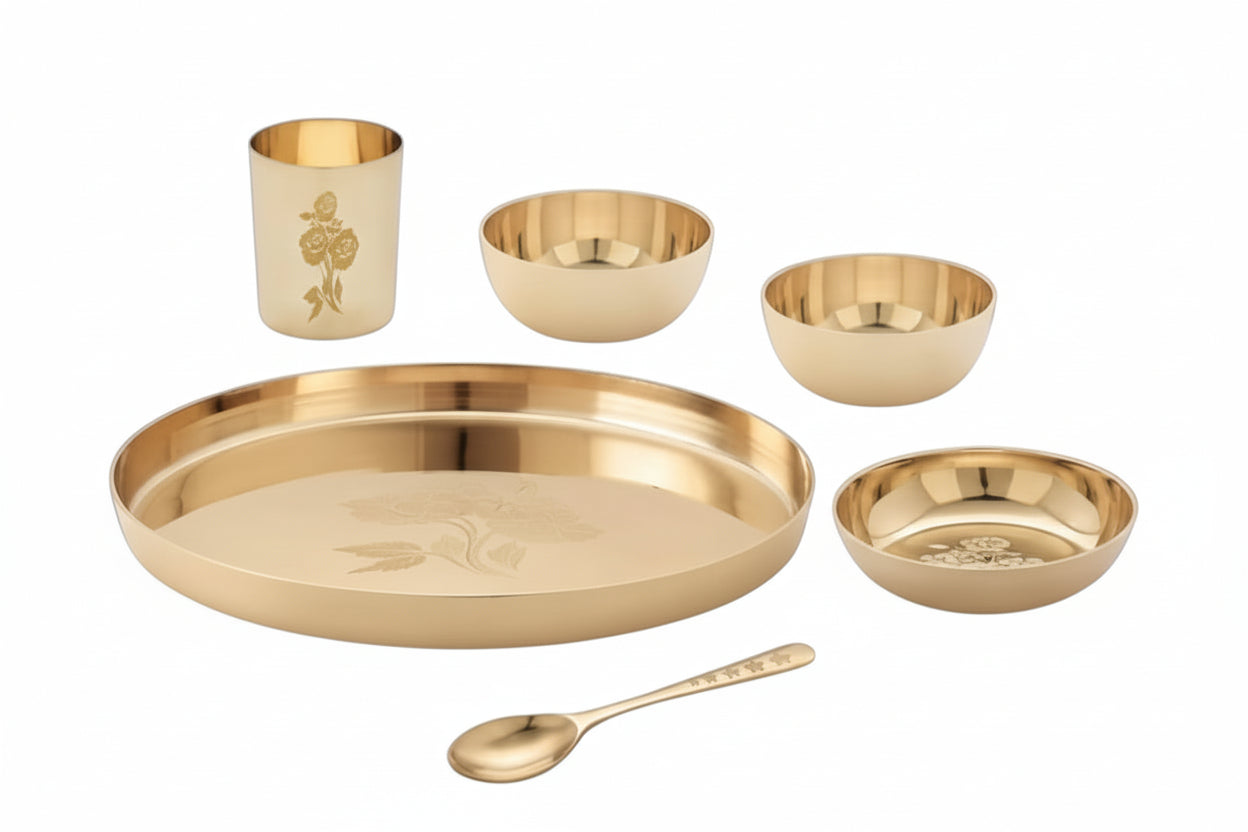 Rhodon MI 100% Pure Bronze Kansa Dinner Thali Set of 6 in Rose Laser Etching Design