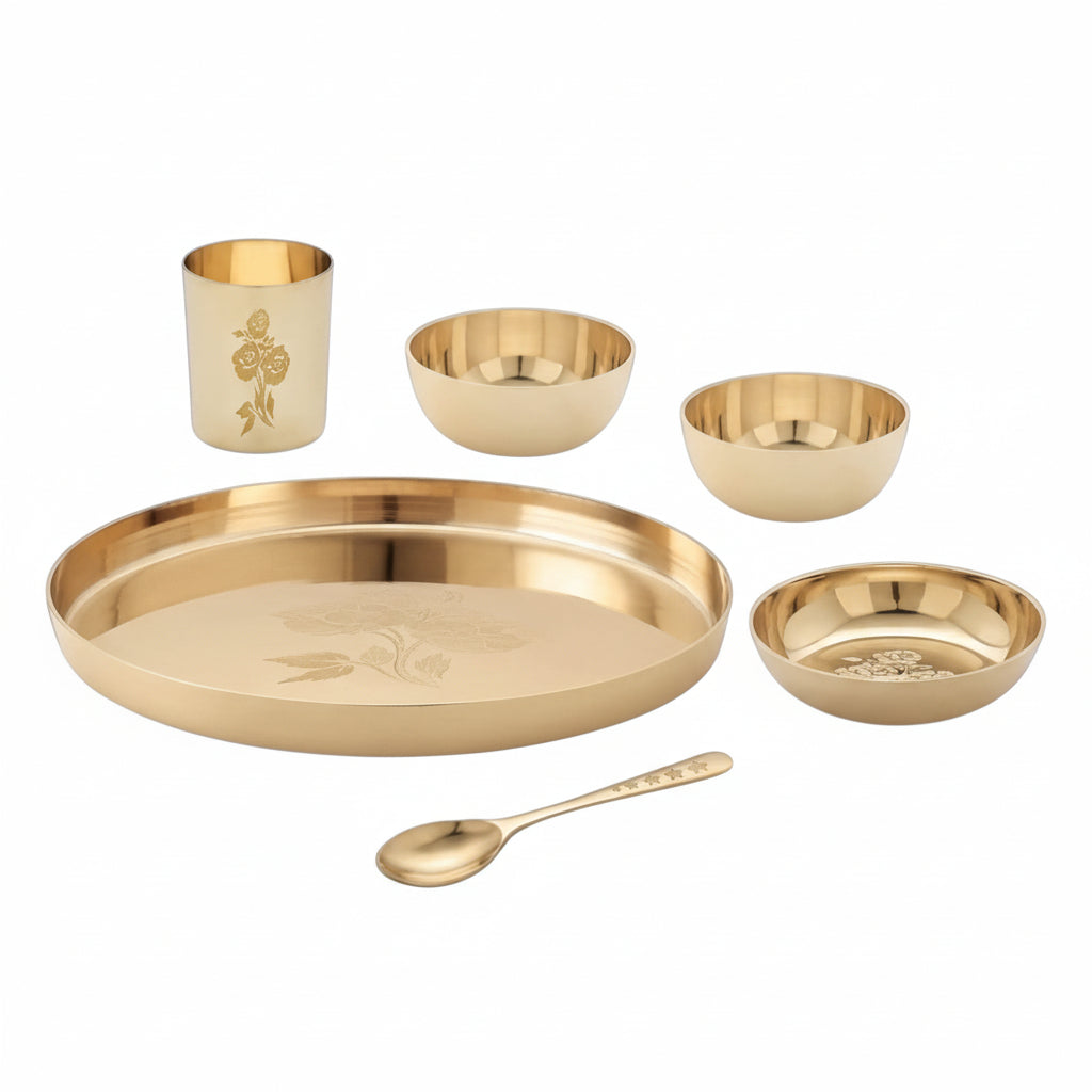 Rhodon MI Popular Bronze Kansa Dinner Thali Set of 6 in Rose Laser Etching Design