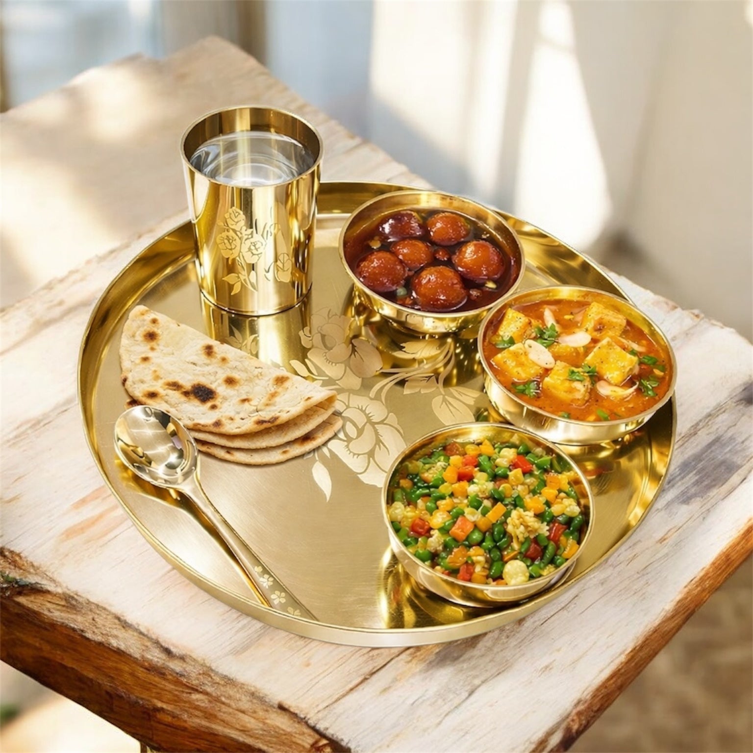 Rhodon MI Bronze Kansa Dinner Thali Set of 6 in Rose Laser Etching Design