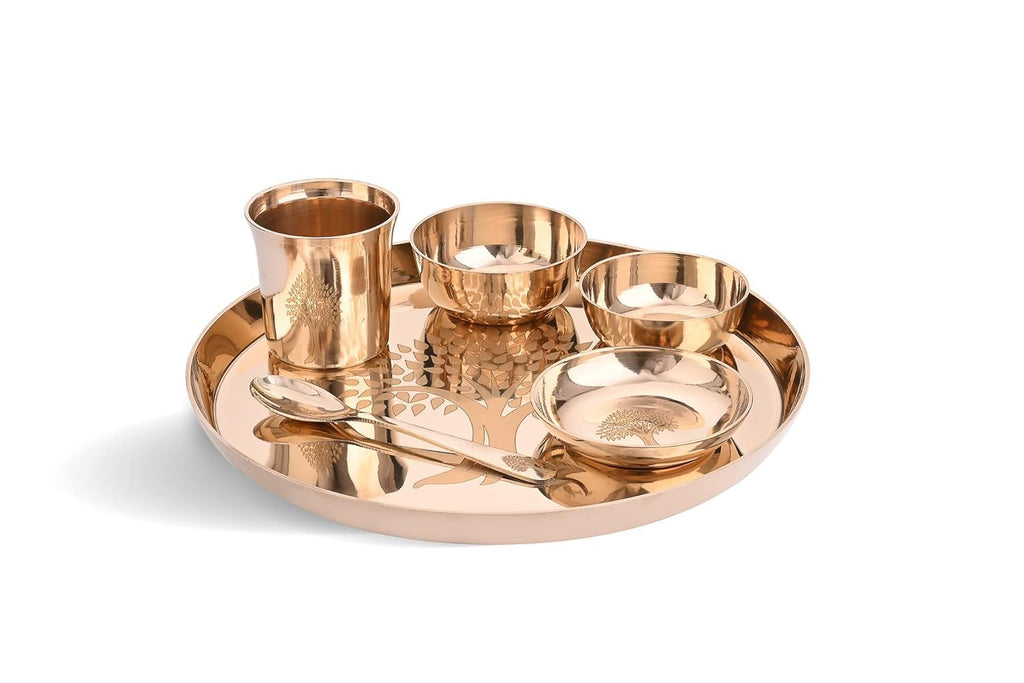 SHAJARA MI Bronze Kansa Dinner Thali Set of 6 With Tree laser design
