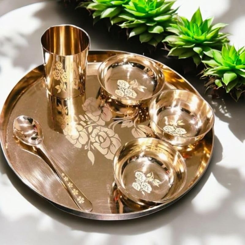 Luxurious Rhodon MI 100% Pure Bronze Kansa Dinner Thali Set of 6 in Rose Laser Etching Design