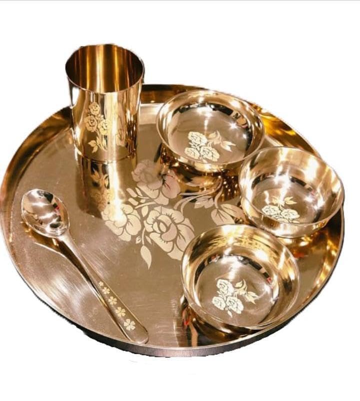 Luxurious Rhodon MI 100% Pure Bronze Kansa Dinner Thali Set of 6 in Rose Laser Etching Design
