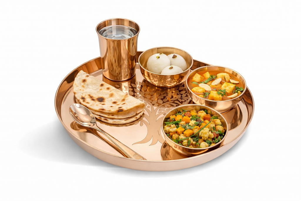 SHAJARA MI Bronze Kansa Dinner Thali Set of 6 With Tree laser design