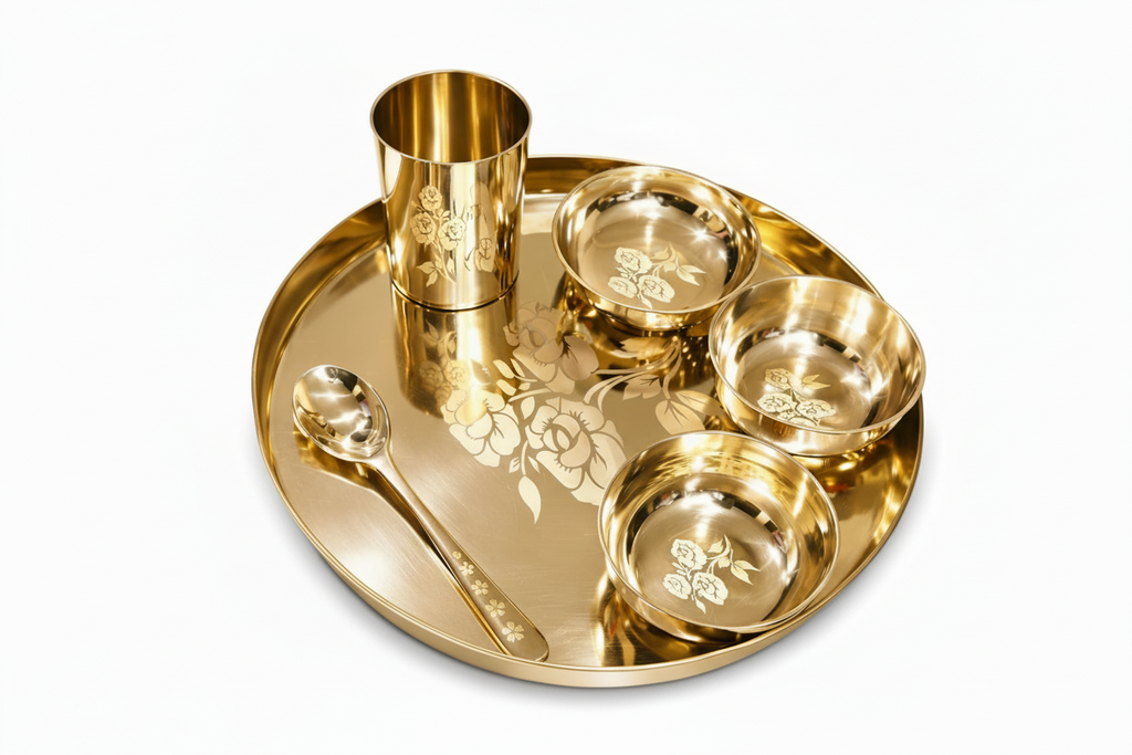 Rhodon MI Bronze Kansa Dinner Thali Set of 6 in Rose Laser Etching Design