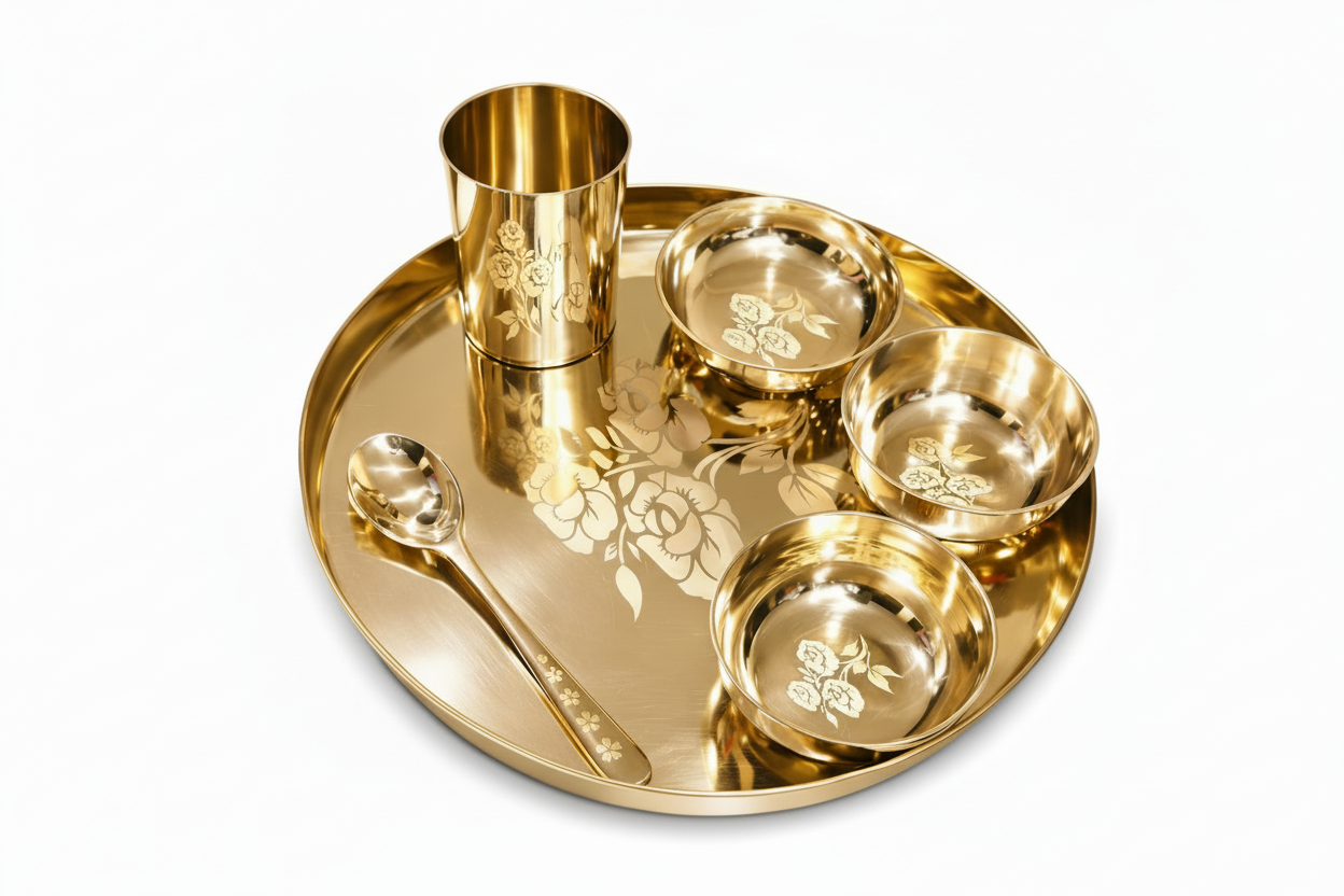 Rhodon MI Popular Bronze Kansa Dinner Thali Set of 6 in Rose Laser Etching Design